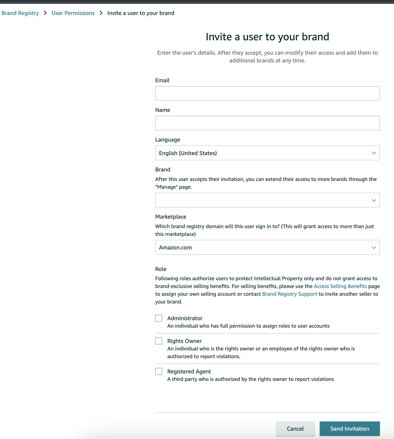 SPP_Access_Guide_Adverio 2 Invite a user to your brand form with email, name, brand, marketplace, and role fields