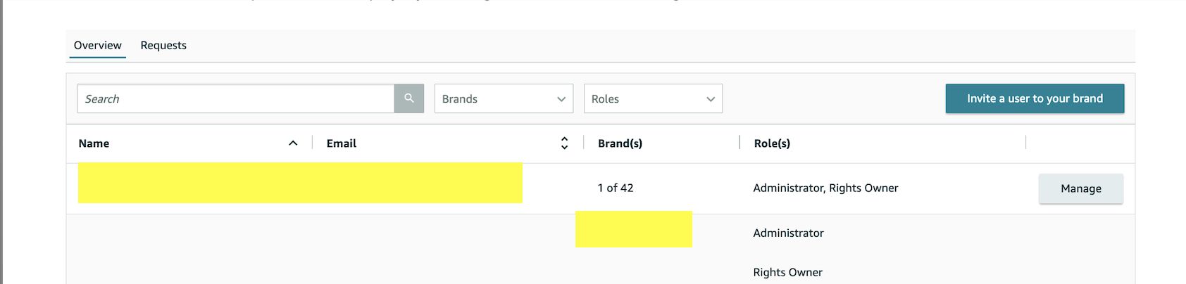 SPP_Access_Guide_Adverio 3 Brand Registry user list showing brands, roles, and the Manage button for each user